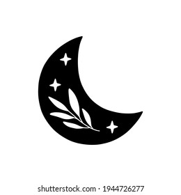 Boho vector illustration with crescent moon and branch. Contemporary art. Celestial t shirt print, boho poster, cards, floral moon tattoo, modern logo. Scandinavian style