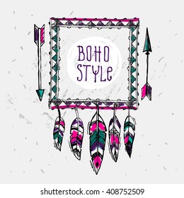 Boho vector illustration or dream catcher. Tribal elements for  boho wedding. 