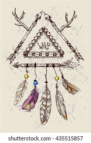 Boho vector illustration or dream catcher. Tribal elements for boho wedding.