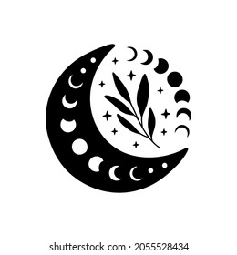 Boho vector illustration. Floral moon phases. Contemporary art with mystical crescent moon. Celestial t shirt print, bohemian poster, magic cards, moon tattoo, modern logo.