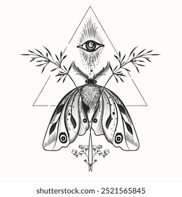 Boho vector illustration with hand drawn butterfly with eye. Abstract mystic sign.  For you design, tattoo or magic craft