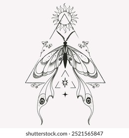 Ilustração do vetor de Boho com borboleta desenhada à mão com sol. Sinal místico abstrato. Forma linear preta. Para você design, tatuagem ou artesanato mágico 