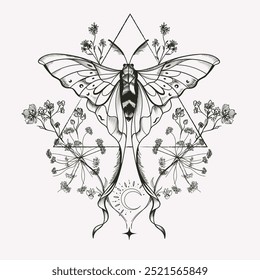 Boho vector illustration with hand drawn butterfly with moon. Abstract mystic sign. Black linear shape. For you design, tattoo or magic craft