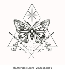 Boho vector illustration with hand drawn butterfly. Abstract mystic sign.  For you design, tattoo or magic craft