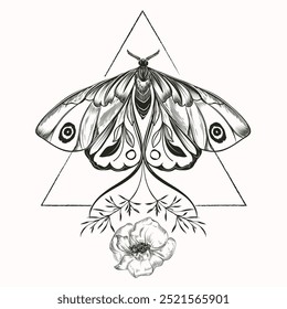 Ilustração do vetor de Boho com borboleta desenhada à mão. Sinal místico abstrato. Tatuagem ou artesanato mágico