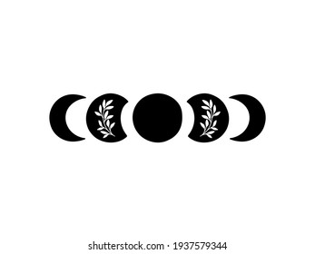 Boho vector illustration. Moon phases. Contemporary art with crescent moon and branch. Celestial t shirt print, boho poster, cards, floral moon tattoo, modern logo. Scandinavian style