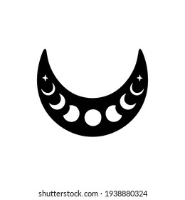 Boho vector illustration. Moon phases. Contemporary art with crescent moon. Celestial t shirt print, bohemian poster, cards, moon tattoo, modern logo. Scandinavian style