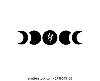 Boho vector illustration. Moon phases. Contemporary art with crescent moon and branch. Celestial t shirt print, boho poster, cards, floral moon tatoo, modern logo. Scandinavian style