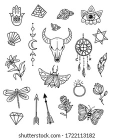 Boho vector outline elements set. Mystical symbols. Ethnic set with skull, butterfly, bug, moon, plant, eye and other magic elements.