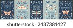 Boho vector posters with mystery insects and positive affirmations. Vintage spring vibe with inspirational messages. Framed compositions, cards, prints with quotes, herbs, flowers, moths