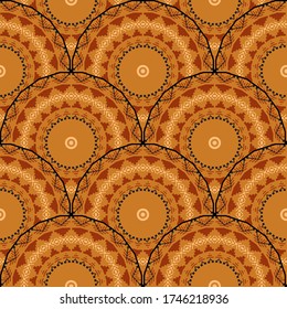 Vector de Boho circular mandalas vectorial sin costura. Fondo Deco geométrico abstracto. Formas geométricas, líneas de zag en zig, círculos, ornamentos de mosaico repitiendo el estilo tribal Ornate. Diseño étnico-naranja.