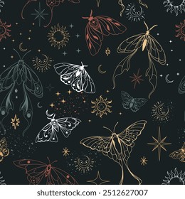 Boho vector seamless pattern celestial magic butterflies, moth minimalist style