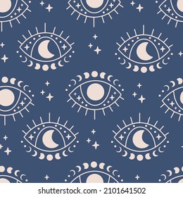 Boho vector seamless pattern. Hand drawn evil eye flat illustration. Magic witchcraft third eye with moon phases on blue background. For celestial print, fabric, wallpaper, textile, magical decor.