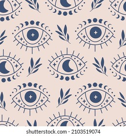 Boho vector seamless pattern. Hand drawn evil eye flat illustration. Magic witchcraft third eye with moon phases on blue background. For celestial print, fabric, wallpaper, textile, magical decor.