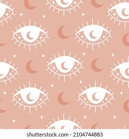 Boho vector seamless pattern. Hand drawn evil eye flat illustration. Magic witchcraft third eye with moon on beige background. For celestial print, fabric, wallpaper, textile, scrapbooking.