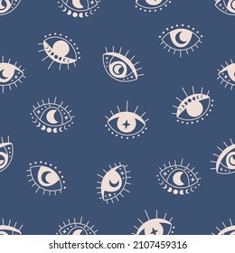 Boho vector seamless pattern. Hand drawn evil eye flat illustration. Magic witchcraft third eye with moon phases on blue background. For celestial print, fabric, wallpaper, textile, magical decor.