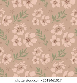 Boho vector seamless pattern with large scale pink flowers and leaves on boho pink background. Hand-drawn in doodle style. Ideal for textile, background, packaging. Retro vintage vibes.