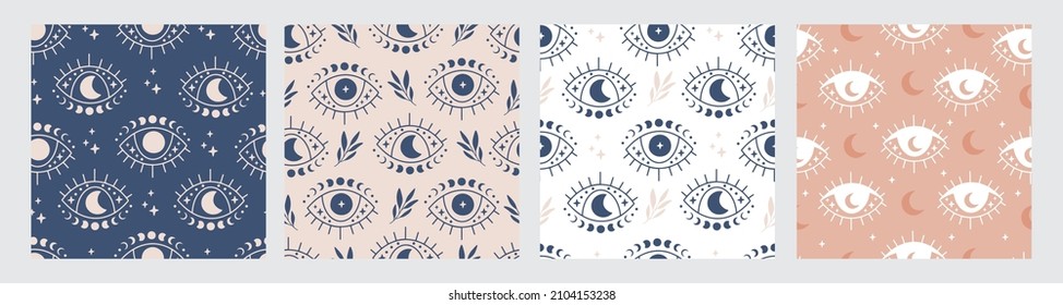 Boho vector seamless pattern set. Hand drawn evil eye flat illustration. Magic witchcraft third eye with moon phases. Ornament for celestial print, fabric, wallpaper, textile, magical decor, apparel.