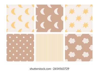 Boho vector seamless vector patterns set with moons, stripes, stars, clouds, polka dots. Playful hand drawn pattern for fabric, wrapping, scrapbookig, textile design and brown and yellow colors. 