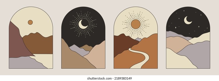 Boho vector set. Contemporary  compositions with sun and mountains. Abstract landscape. Bohemian poster.  Boho wall decor. Mid century art print. 