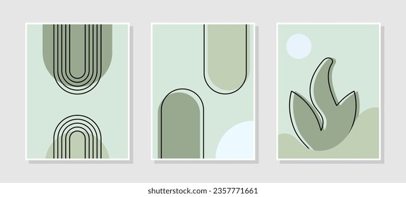 Boho vector set of geometric shapes and leaves. Minimalist design for background, cover, wallpaper, print, card, wall decor.