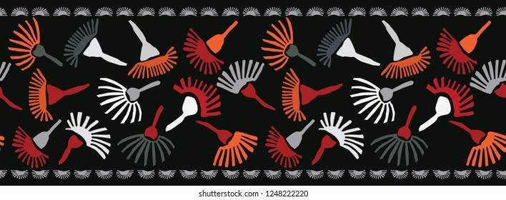 Boho Vector Stripes Border Banner. Carnation Daisy Flower Bloom. Folklore Seamless Repeating Ribbon. Hipster Black Background. Striped Trendy Fashion Trim, Ethnic Textile, Stationery, Floral Packaging