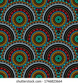 Boho vector tiled round mandalas  seamless pattern. Geometric abstract ornamental Deco background. circular geometry shapes with zig zag lines. Ornate tribal folk style repeat ornaments. Ethnic design.