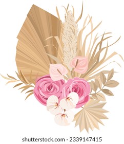 Boho Vectors and Illustrations with dry leaves, palm fronds, roses, orchids, for wedding invitation decoration