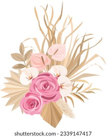 Vectores de Boho e Ilustraciones con hojas secas, frontales de palma, rosas, orquídeas, para decoración de invitación a la boda