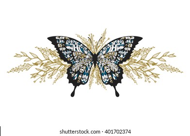 Boho Vintage Butterfly Illustration With Floral Elements