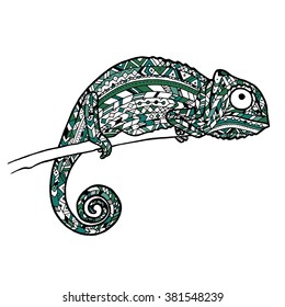 boho vintage chameleon colored illustration. Hand drawn for tattoo, t-shirt, print.