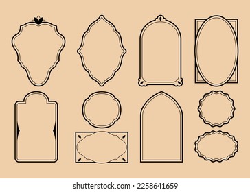 Boho Vintage frame and set in trendy minimal liner style. Vector elegant borders for creating logo