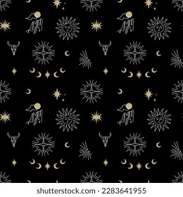 Boho vintage groovy line art western cowboy or cowgirl seamless pattern on dark background. Wild West icons