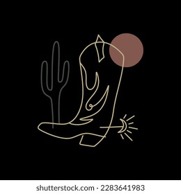 Boho vintage groovy line art cowboy or cowgirl boot with cactus vector image on dark background. Wild West label or logo