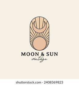 Boho vintage linear moon and sun logo design template