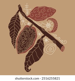 Boho vintage moon cacao illustration, farm logo or label design, organic plant with leaf emblem, beige and brown color badge style label. Mystical ceremony tropical sacred food and drinks new age