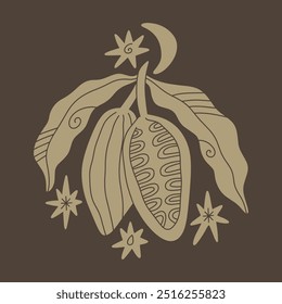 Boho vintage moon cacao illustration, farm logo or label design, organic plant with leaf emblem, beige and brown color badge style label. Mystical ceremony tropical sacred food and drinks new age