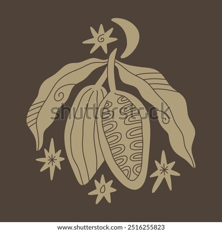 Boho vintage moon cacao illustration, farm logo or label design, organic plant with leaf emblem, beige and brown color badge style label. Mystical ceremony tropical sacred food and drinks new age