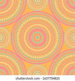 Boho vintage motifs seamless pattern. Round medallion mandala geometric tiles. Textile print template. Clothes, carper or tile pattern. Classic circular seamless ornament. Cute mandala design.