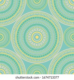 Boho vintage motifs seamless pattern. Circle medallion mandala abstract tiles. Fabric print template. Retro fashion pattern. Classic circular seamless ornament. Cute mandala design.