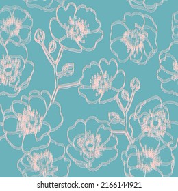 Patrón boho vintage con rosa de perro. Roda salvaje con floración lineal sobre fondo azul