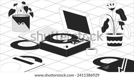 Boho vinyl player flowerpots black and white lofi wallpaper. Phonograph records, houseplants 2D outline cartoon flat illustration. Nostalgia. Dreamy vibes vector line lo fi aesthetic background