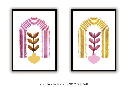Boho wall art with leaf and geometric line art leaf in golden and rose gold colors