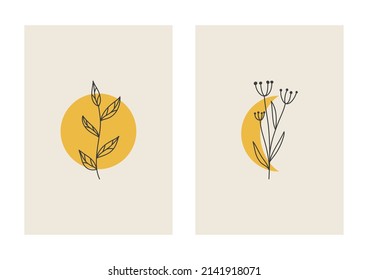 Boho wall art posters with moon floral branches. Minimal trendy style. Pastel colors. Design for wallpaper, wall decor, print, background, card, social media. Vector illustration.
