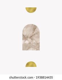 Boho wall art print with beige alcohol ink and golden foil shapes