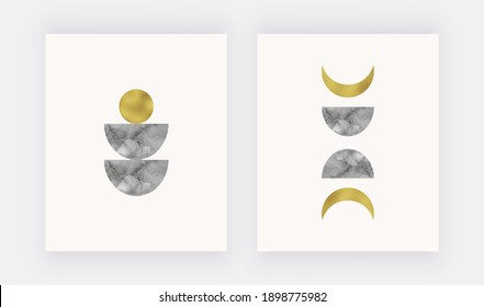 Boho wall art print with black moon and sun alcohol ink, golden foil texture. 
