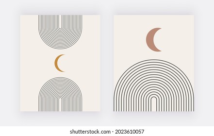 Boho wall art prints with black lines and orange moon