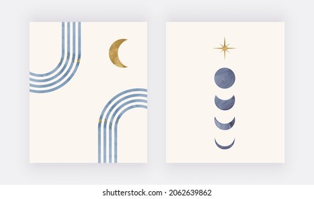 Boho wall art prints with blue rainbow, moon and golden star