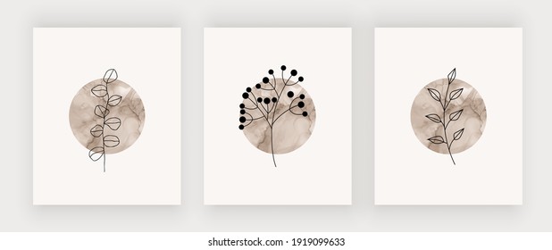 Boho wall art prints with circle alcohol ink shapes and black leaves. 