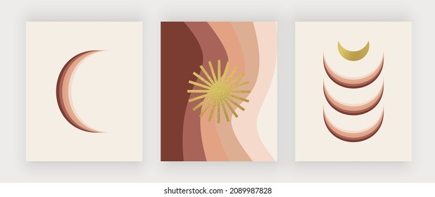 Huellas de arte en la pared de Boho con luna de oro y sol